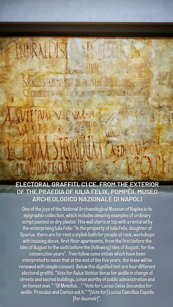 ELECTORAL GRAFFITI, C1 CE, FROM THE EXTERIOR OF THE PRAEDIA OF IULIA FELIX, POMPEII. MANNapoli

One of the joys of the National Archaeological Museum of Naples is its epigraphic collection, which includes amazing examples of ordinary script painted on dry plaster. This wall starts at top with a rental ad by the enterprising Iulia Felix: "In the property of Iulia Felix, daughter of Spurius, there are for rent a stylish bath for people of rank, workshops with housing above, first-floor apartments, from the first before the Ides of August to the sixth before the (following) Ides of August, for five consecutive years". Below this dignified text are four different electoral graffiti. "Vote for Aulus Vettius Verus for aedile in charge of streets and sacred buildings, a man worthy of public administration and an honest man." "Of Metellus..." "Vote for Lucius Seius Secundus for aedile. Proculus and Cantus request it." "(Vote for) Lucius Caecilius Capella (for duumvir)."