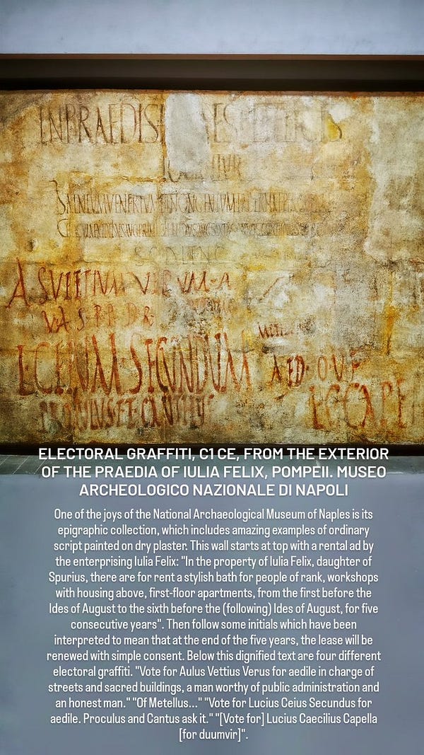 ELECTORAL GRAFFITI, C1 CE, FROM THE EXTERIOR OF THE PRAEDIA OF IULIA FELIX, POMPEII. MANNapoli

One of the joys of the National Archaeological Museum of Naples is its epigraphic collection, which includes amazing examples of ordinary script painted on dry plaster. This wall starts at top with a rental ad by the enterprising Iulia Felix: "In the property of Iulia Felix, daughter of Spurius, there are for rent a stylish bath for people of rank, workshops with housing above, first-floor apartments, from the first before the Ides of August to the sixth before the (following) Ides of August, for five consecutive years". Below this dignified text are four different electoral graffiti. "Vote for Aulus Vettius Verus for aedile in charge of streets and sacred buildings, a man worthy of public administration and an honest man." "Of Metellus..." "Vote for Lucius Seius Secundus for aedile. Proculus and Cantus request it." "(Vote for) Lucius Caecilius Capella (for duumvir)."