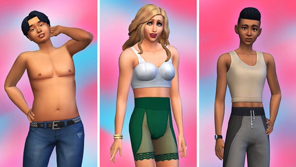 3 Sims standing next to each other. The first Sim has top surgery scars on a male frame body. The middle Sim has a bra on with green biker shorts. The third Sim is wearing a brown binder with sweatpants.