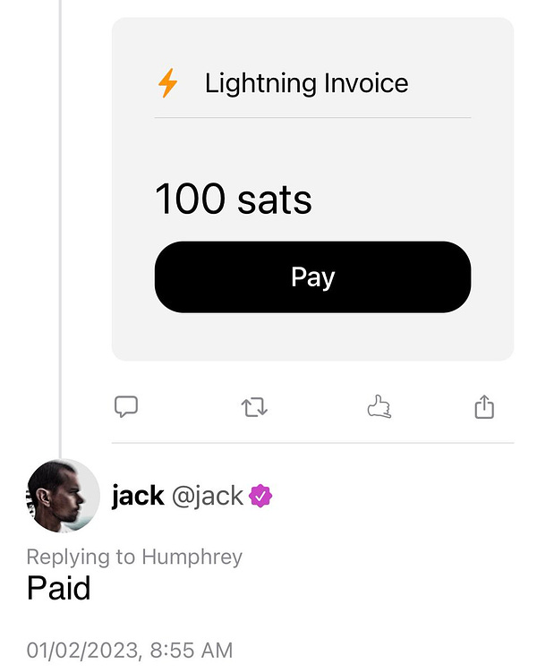 Jack Dorsey paying test lightning invoice