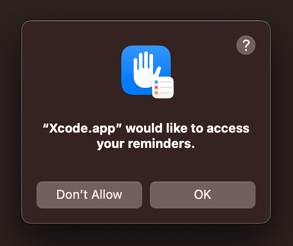 Xcode wants to access my reminders.
