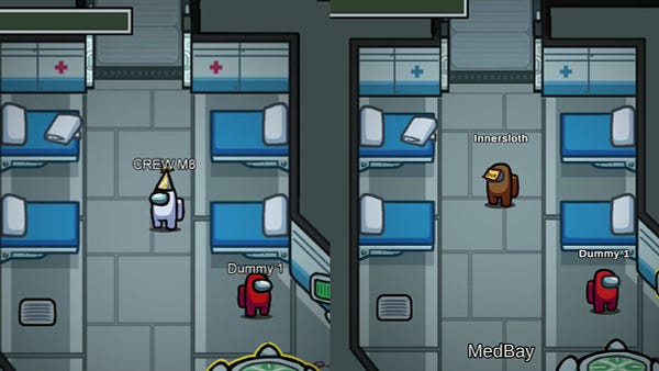 Screenshot of MedBay in Among Us. On the left is an old screenshot where the cross on the walls are red. On the right is a new image where the cross on the walls are blue.