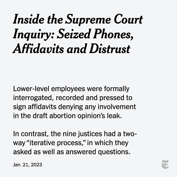 Text reads: "Inside the Supreme Court Inquiry: Seized Phones, Affidavits and Distrust. Lower-level employees were formally interrogated, recorded and pressed to sign affidavits denying any involvement in the draft abortion opinion’s leak. In contrast, the nine justices had a two-way 'iterative process,' in which they asked as well as answered questions."