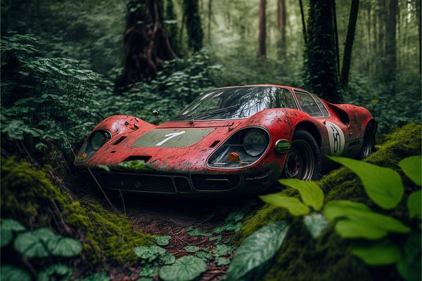 abandoned 1967 Ferrari 330 P4 sitting in overgrown forest, dusty and dirty, wide angle shot with shallow depth of field, shot in the style of street photography, --ar 3:2