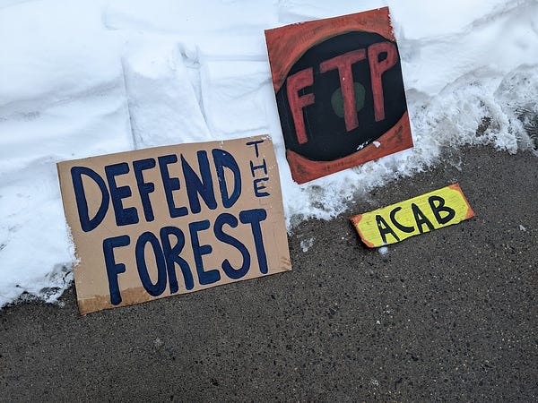 Three signs on the sidewalk in the snow. One reads, "Defend the Forest", another "FTP" and the third, "ACAB."