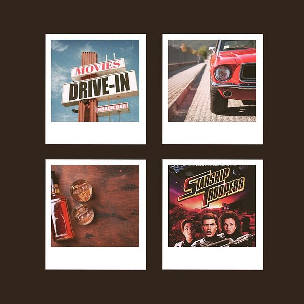 A mood board with 4 polaroids. One is a drive-in movie sign. The other is a red muscle car. One is a bottle of whiskey and two glasses. And the last is a starship troopers poster.