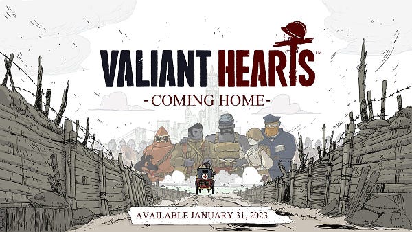 A cart with a red cross painted on it rolls across a trench.
Above it 5 soldiers and a dog can be seen among many other faces.
Valiant Hearts Coming Home logo is written above the whole scene while the release date (available January 31, 2023) is at the bottom.