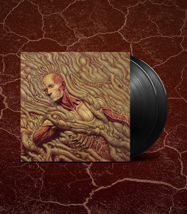 The Scorn vinyl with black discs and artwork depicting a skinless humanoid in a flow of intestinal matter