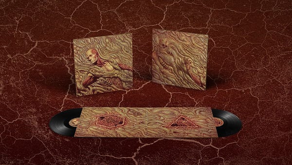 The Scorn vinyl with black discs and artwork depicting a flow of intestinal matter and iconography from the game
