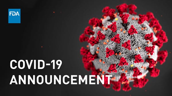 Coronavirus molecule on a black background with the text “COVID-19 Announcement”. FDA logo in corner.