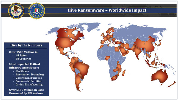 Hive Ransomeware - Worldwide Impact Heat Map