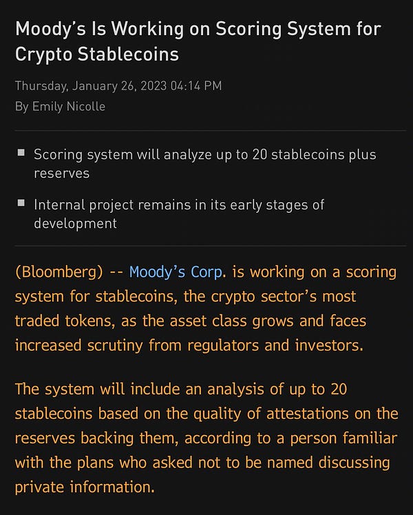 Moody’s Corp. is working on a scoring system for stablecoins, the crypto sector’s most traded tokens, as the asset class grows and faces increased scrutiny from regulators and investors.

The system will include an analysis of up to 20 stablecoins based on the quality of attestations on the reserves backing them, according to a person familiar with the plans who asked not to be named discussing private information.