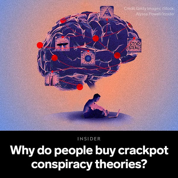 Photo shows a man sitting cross-legged, using laptop underneath a very big brain filled with conspiracies theories, from the Illuminati, September 11 attacks and COVID hoax with text that reads: “Why do people buy crackpot conspiracy theories?”
