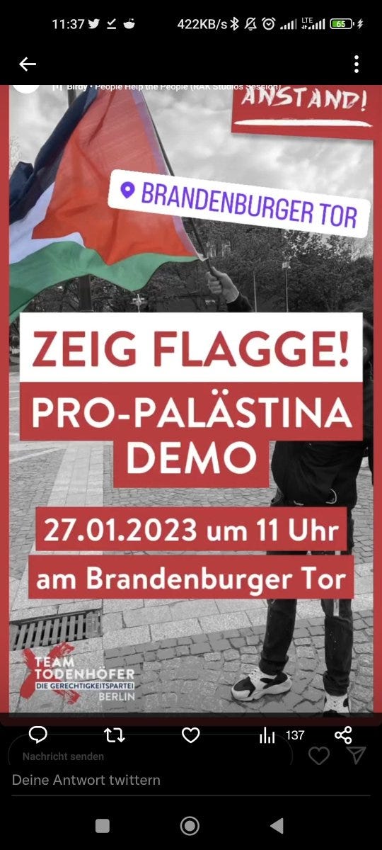 Aufruf von Team Todenhöfer zu einer "Pro Palästina Demo" am internationalen Holocaust-Gedenktag.