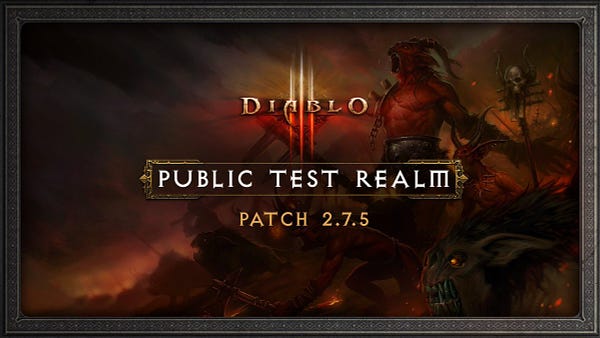 Diablo 3 logo with text underneath that reads public test realm patch 2.7.5