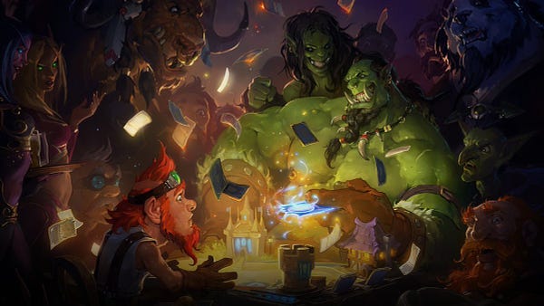 Image shows two orcs and a nervous-looking minion with a ginger beard and goggles on his head playing Hearthstone at a tavern surrounded by various creatures who are looking on.