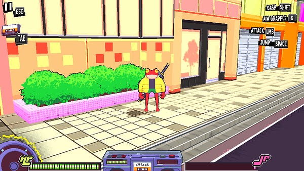 A screenshot of the in-development video game "Jamphibian." The frog character stands on the sidewalk in front of brightly colored urban buildings.
