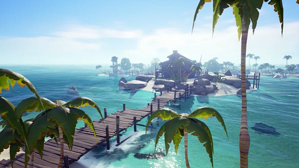 A screenshot of an island from Sea of Thieves formally known as Golden Sands. A sandy island surrounded by a turquoise ocean. A wooden walkway leads to buildings constructed from wood.