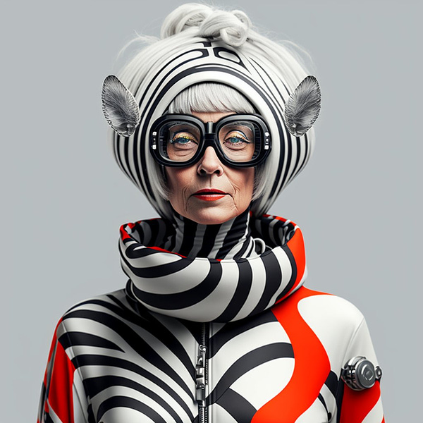 60s era fashion model dressed in Yttrium, zebra, vibrant colors, googles, helmet, futuristic spacesuit, full body fashion, silver hair, hyperrealistic, 4k, light gray eyes, four eyes--v4