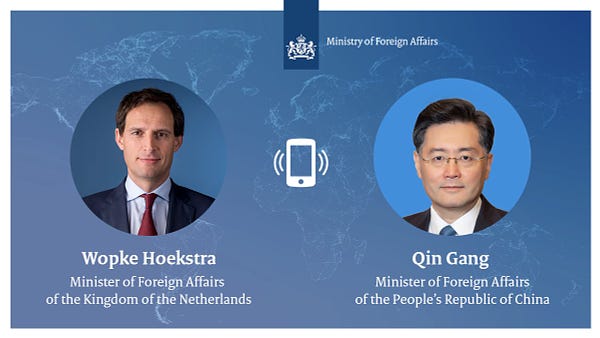 Phone call between the Dutch Minister of Foreign Affairs Wopke Hoekstra and the Chinese Minister of Foreign Affairs Qin Gang.