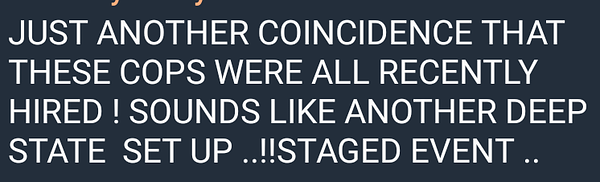 Screen shot of a social media post saying "Just another coincidence that these cops were all recently hired! Sounds like another deep-state setup! Staged Event."