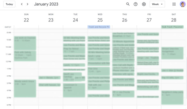 screenshot of google calendar with lots of events