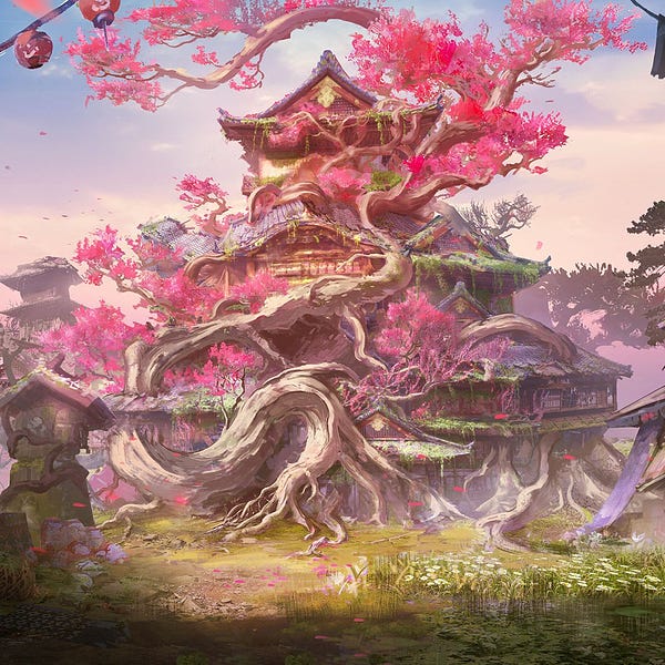WILD HEARTS concept art of a giant cherry blossom growing around a Japanese temple.