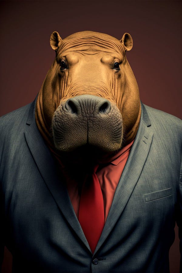 a portrait of a hippo, golden long color hair, elegant abstract suit outfit, vogue and Gucci style, stylish style, direct to eyes expression face, vogue and Gucci outfit, animal, symmetrical eyes, full body, beauty art, shot photography by Wes Anderson, Middle shot portrait, red, ultra high details, symmetrical eyes, Low light, Cinematic lighting, NVIDIA Iray render, terracotta, ultra high definition, artstation, Smooth, sharp focus, Photorealism, Photography, Realistic Detail, Depth of field, 8k, Full HD, 3d, Super resolution, octane render, award winning photo, shot on Canon DSLR, f/2.8 Long exposure, 25mm, unreal engine,   --ar 2:3  --v 4