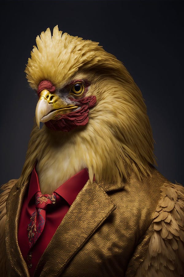 a portrait of a chicken, golden long color hair, elegant abstract suit outfit, vogue and Gucci style, stylish style, direct to eyes expression face, vogue and Gucci outfit, animal, symmetrical eyes, full body, beauty art, shot photography by Wes Anderson, Middle shot portrait, red, ultra high details, symmetrical eyes, Low light, Cinematic lighting, NVIDIA Iray render, terracotta, ultra high definition, artstation, Smooth, sharp focus, Photorealism, Photography, Realistic Detail, Depth of field, 8k, Full HD, 3d, Super resolution, octane render, award winning photo, shot on Canon DSLR, f/2.8 Long exposure, 25mm, unreal engine,   --ar 2:3  --v 4