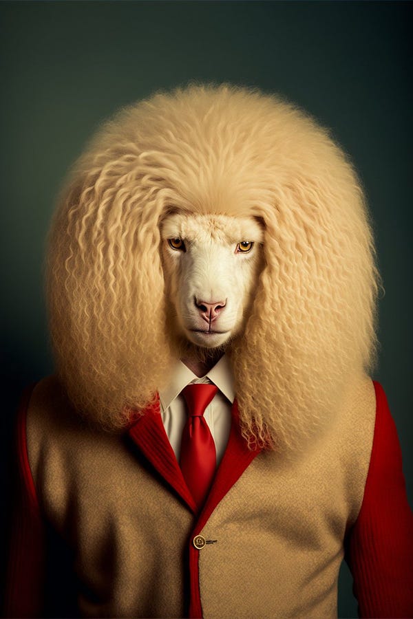a portrait of a sheep, golden long color hair, elegant abstract suit outfit, vogue and Gucci style, stylish style, direct to eyes expression face, vogue and Gucci outfit, animal, symmetrical eyes, full body, beauty art, shot photography by Wes Anderson, Middle shot portrait, red, ultra high details, symmetrical eyes, Low light, Cinematic lighting, NVIDIA Iray render, terracotta, ultra high definition, artstation, Smooth, sharp focus, Photorealism, Photography, Realistic Detail, Depth of field, 8k, Full HD, 3d, Super resolution, octane render, award winning photo, shot on Canon DSLR, f/2.8 Long exposure, 25mm, unreal engine, --ar 2:3  --v 4