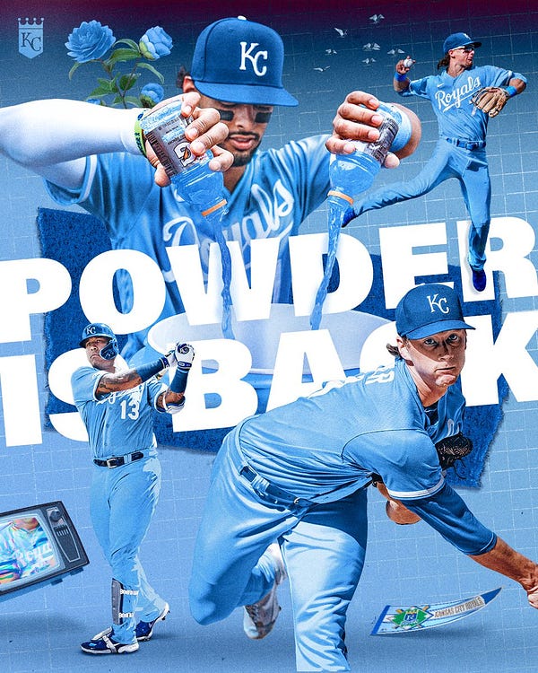 A graphic featuring cutout photos of Salvador Perez, MJ Melendez, Brady Singer, and Bobby Witt Jr. in full powder blue uniforms in front of a powder blue background. Text on the graphic reads, "Powder is back."