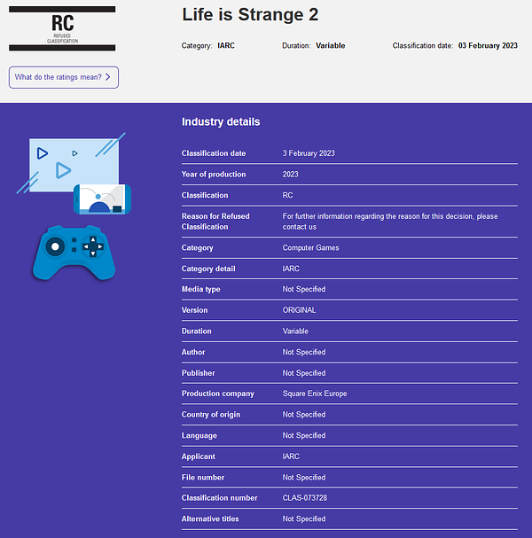 Life is Strange 2 - Australian Classification Board - Refused Classification (Banned)