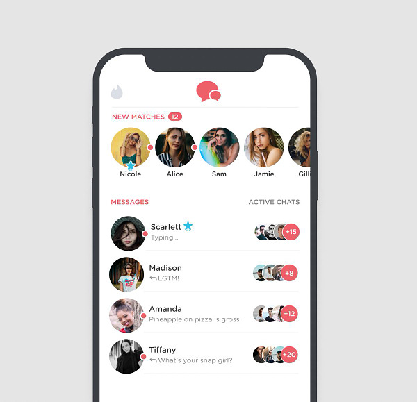 Screenshot of a Tinder mockup featuring multiplayer mode (you get to see how many active chats a match is currently having on the app)