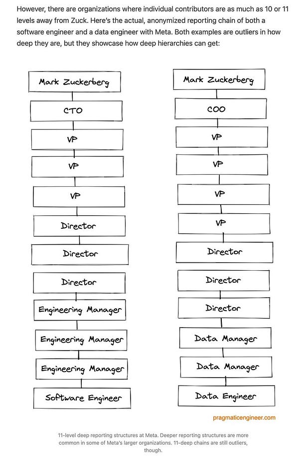 However, there are organizations where individual contributors are as much as 10 or 11 levels away from Zuck. Here’s the actual, anonymized reporting chain of both a software engineer and a data engineer with Meta. Both examples are outliers in how deep they are, but they showcase how deep hierarchies can get:

11-level deep reporting structures at Meta. Deeper reporting structures are more common in some of Meta’s larger organizations. 11-deep chains are still outliers, though.