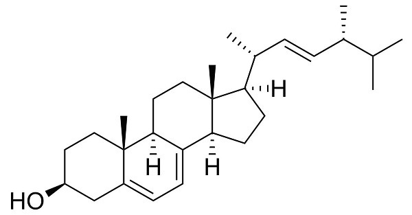 Chemical structure of ergosterol, (1R,3aR,7S,9aR,9bS,11aR)-1-[(2R,3E,5R)-5,6-Dimethylhept-3-en-2-yl]-7-hydroxy-9a,11a-dimethyl-2,3,3a,6,7,8,9,9a,9b,10,11,11a-dodecahydro-1H-cyclopenta[a]phenanthren-7-ol