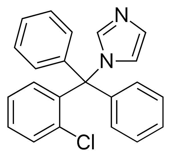 The chemical structure of clotrimazole, 1-[(2-chlorophenyl)(diphenyl)methyl]-1H-imidazole