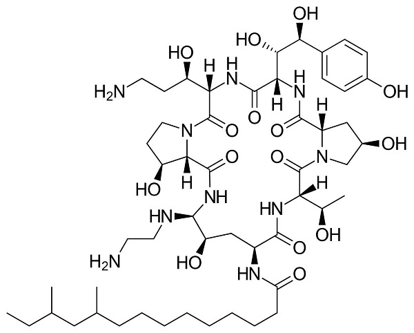 Chemical structure of caspofungin, (10R,12S)-N-{(2R,6S,9S,11R,12S,14aS,15S,20S,23S,25aS)-12-[(2-Aminoethyl)amino]-20-[(1R)-3-amino-1-hydroxypropyl]-23-[(1S,2S)-1,2-dihydroxy-2-(4-hydroxyphenyl)ethyl]-2,11,15-trihydroxy-6-[(1R)-1-hydroxyethyl]-5,8,14,19,22,25-hexaoxotetracosahydro-1H-dipyrrolo[2,1-c:2',1'-l] [1,4,7,10,13,16]hexaazacyclohenicosin-9-yl}-10,12-dimethyltetradecanamide