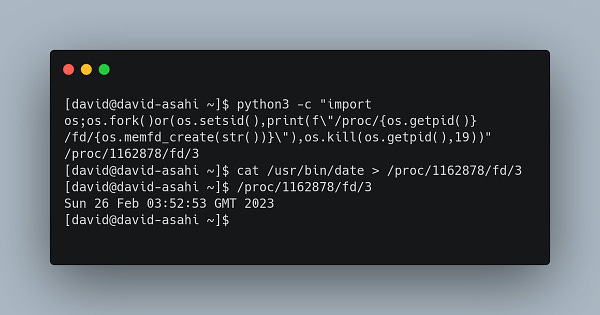 Terminal screenshot, showing `/usr/bin/date` being cat'ed into the memfd. Then, the memfd is executed (printing the current date).

[david@david-asahi ~]$ python3 -c "import os;os.fork()or(os.setsid(),print(f\"/proc/{os.getpid()}/fd/{os.memfd_create(str())}\"),os.kill(os.getpid(),19))"
/proc/1162878/fd/3
[david@david-asahi ~]$ cat /usr/bin/date > /proc/1162878/fd/3
[david@david-asahi ~]$ /proc/1162878/fd/3
Sun 26 Feb 03:52:53 GMT 2023
[david@david-asahi ~]$