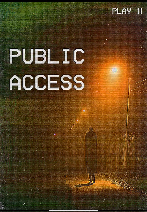 The cover art for the upcoming tabletop roleplaying game, Public Access. The silhouette of an eerily tall and long-limbed man walks down a sidewalk, under the amber glow of streetlights. The whole picture is grainy and interlaced like an old CRT monitor.