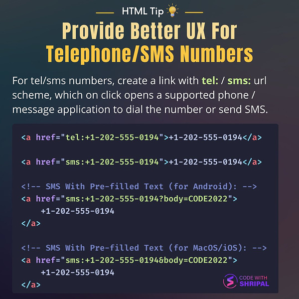 For tel/sms numbers, create a link with tel: / sms: url scheme, which on click opens a supported phone / message application to dial the number or send SMS. 
Sample HTML Code:

<a href="tel:+1-202-555-0194">+1-202-555-0194</a>
<a href="sms:+1-202-555-0194">+1-202-555-0194</a>

<!-- SMS wth pre-filled body (For Android) -->
<a href="sms:+1-202-555-0194?body=CODE2022">
        +1-202-555-0194
</a>

<!-- SMS with pre-flled body (for MacOS/iOS) -->
<a href="sms:+1-202-555-0194&body=CODE2022">
        +1-202-555-0194
</a>