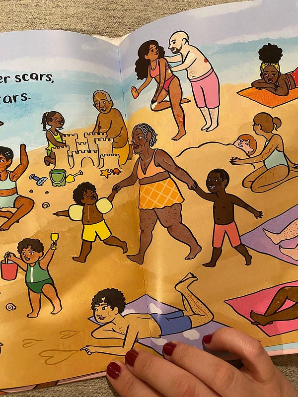 A photo of part of a spread from the book Bodies Are Cool. It’s a beach scene with lots of people having wholesome fun: a grandparent and grandchild building a sand castle, a child waving to a friend, another grandparent holding the hands of two grandchildren, a small child with a shovel and pail, a husband helping his wife get sunscreen on her back, a child play-burying another grinning child in the sand, and an adult tracing hearts into the sand while laying on a towel. Everyone is wearing ordinary swimsuits like you’d see at any beach.