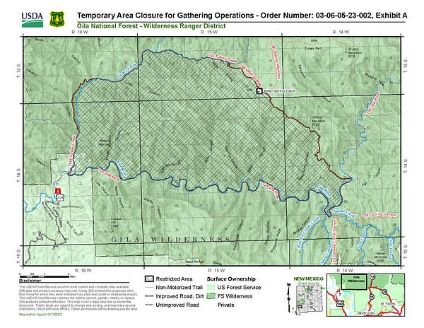 Map of closure area, located in Gila Wilderness, north of Gila River, east of Turkey Creek, south of Turkey Creek and Turkey Creek Trail, east of Miller Springs Trail, Miller Springs Cabin and ridgeline that includes Granny Mountain.