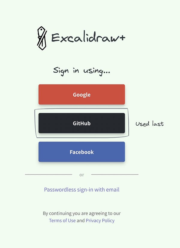 excalidraw login screen showing that github was my last used signin