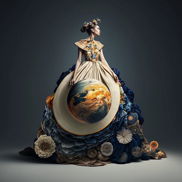 Full body view of surreal 2023 of dress kintsugi annual FASHION, eternal space, planets, saturn , captured with a Hasselblad camera