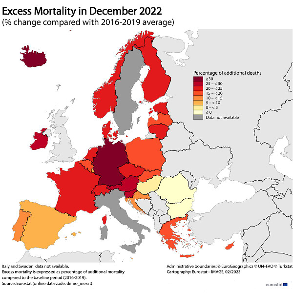 Map, excess mortality in December 2022, percentage change compared with the 2016 - 2019 average, EU Member States and EFTA countries