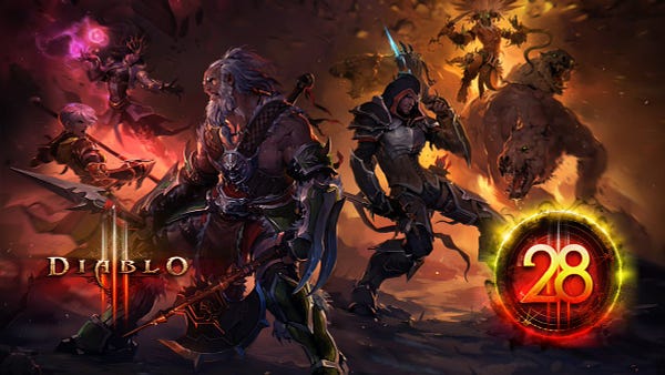 Diablo 3 characters are surrounded by demons in a fiery landscape. Next to them is the Diablo 3 logo and the number 28, referring to Diablo 3's upcoming Season 28.