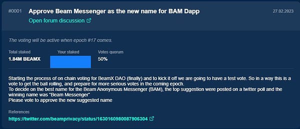 Screenshot from the Beam Wallet BEAMX DAO Voting dApp