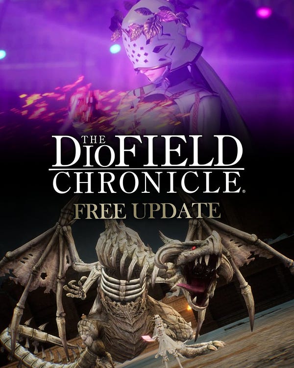 Two screenshots separated by a black shadow in the centre highlighting the The DioField Chronicle logo as well as the following text: Free Update. The image at the top shows Waltaquin wearing a white helmet crowned with leaves of gold. She is bathed in purple light while sparks radiate from her ancient magic tome. The bottom image shows a roaring Skeletal Dragon, maw agape, awaiting Waltaquin's commands. 