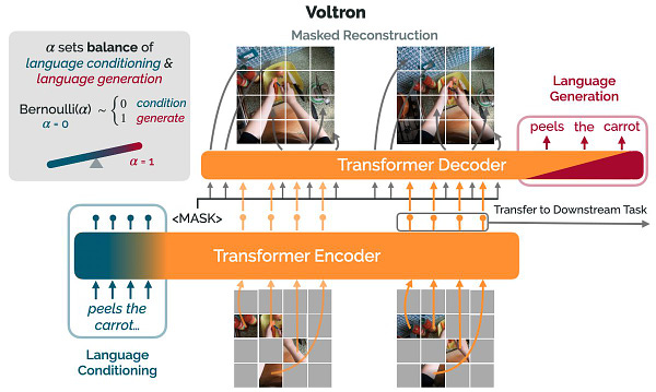 Voltron Framework – Balancing language conditioning and generation to shape visual representation learning.