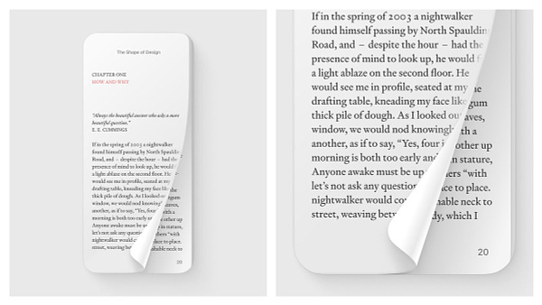 The user interface of a book-like app reveals a page of text, with the front page curled back to give a glimpse of the content beneath. Subtle shadows and minimal colour use create a realistic representation of physical books.